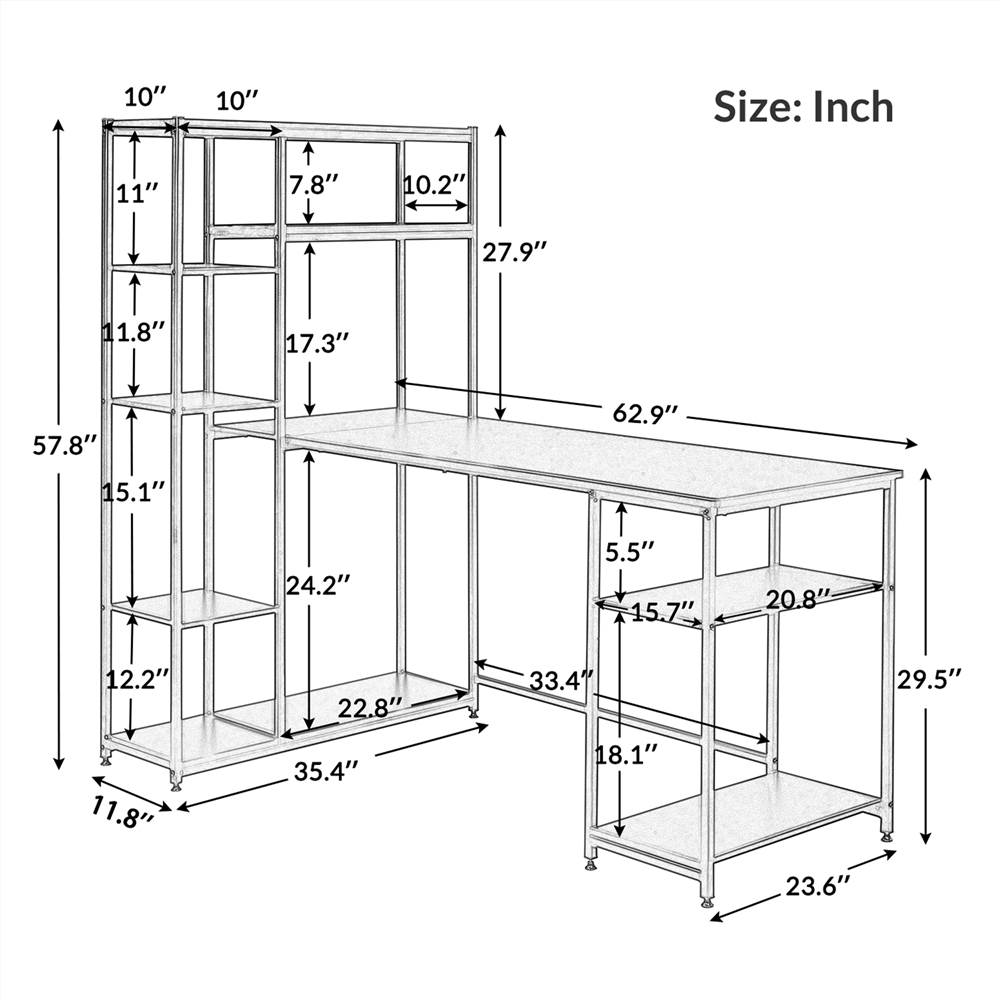 Office Computer desk with multiple storage shelves, Modern Large Office Desk with Bookshelf and storage space(Brown)