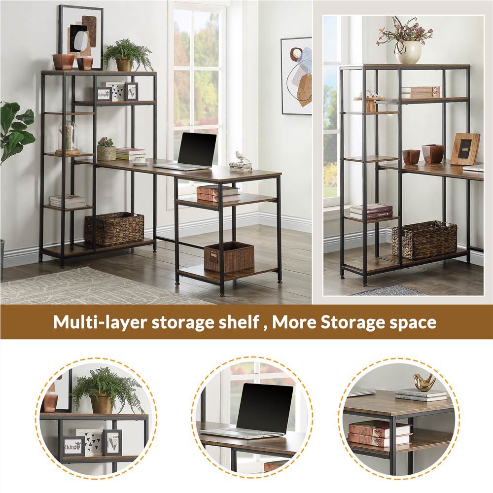 Office Computer desk with multiple storage shelves, Modern Large Office Desk with Bookshelf and storage space(Brown)