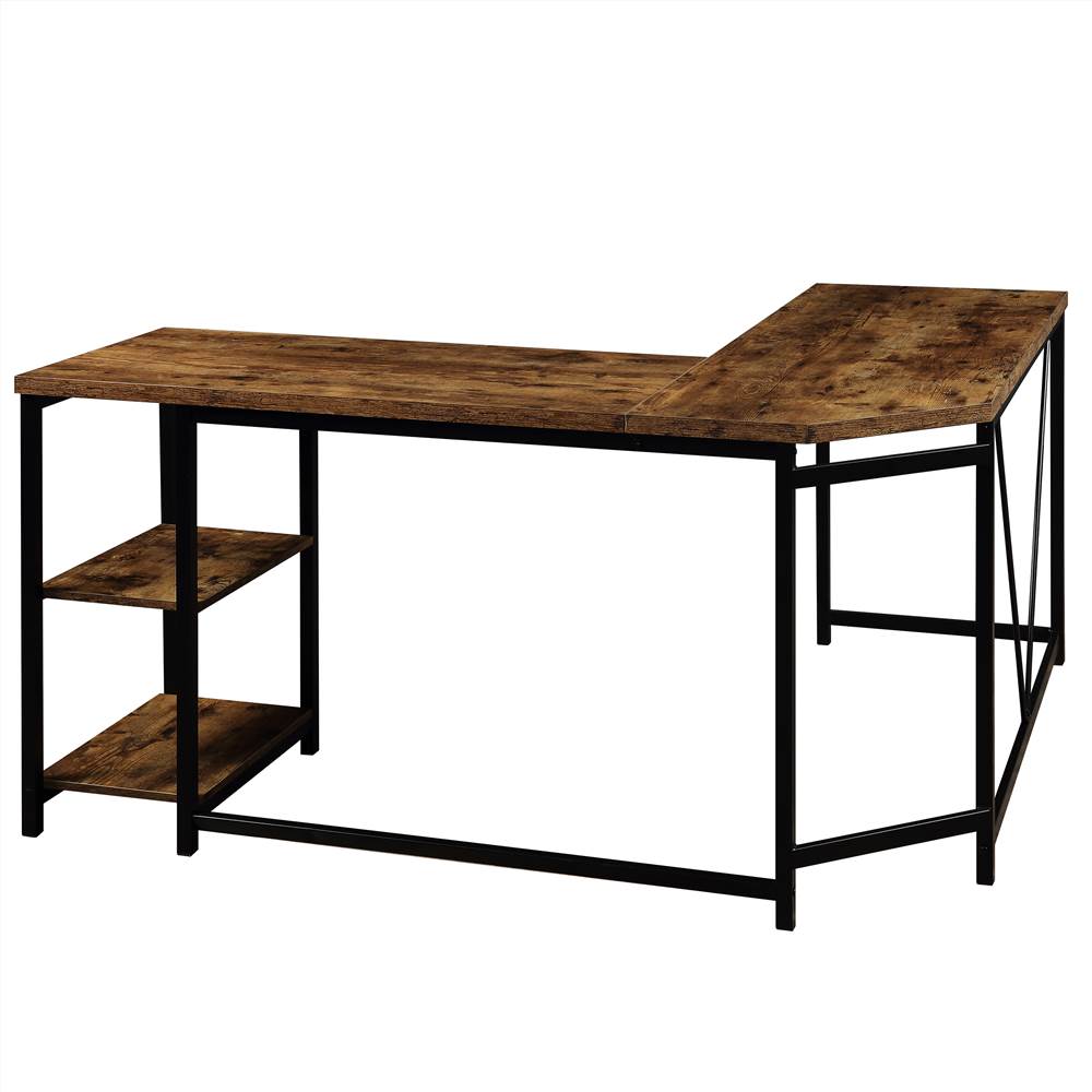 L-Shaped Corner Computer Desk with Open Shelves Vintage Brown