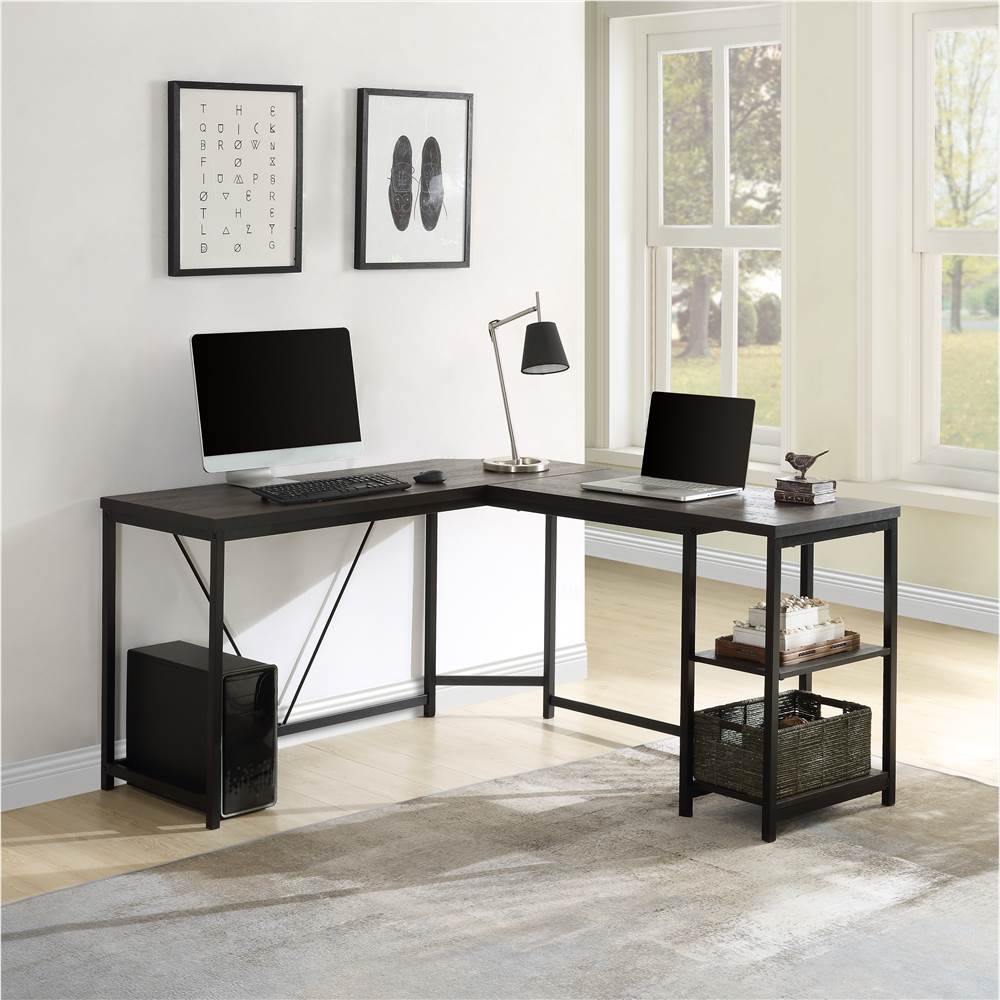 Home Office L-shaped Hypotenuse Corner Computer Desk with 2-layer Shelf - Walnut