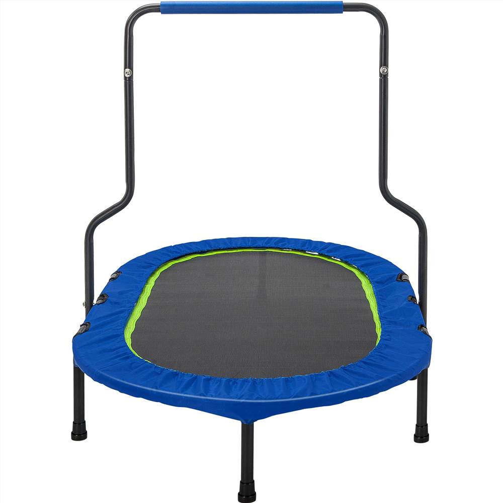 Parent-Child Twin Trampoline with Handrail and Safety Cover, Mini Kids Trampoline for Two Kids, No-Spring Band Rebounder (Blue Cover)