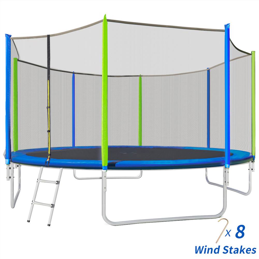 

14FT Trampoline for Kids with Safety Enclosure Net, Ladder and 8 Wind Stakes, Round Outdoor Recreational Trampoline - Blue