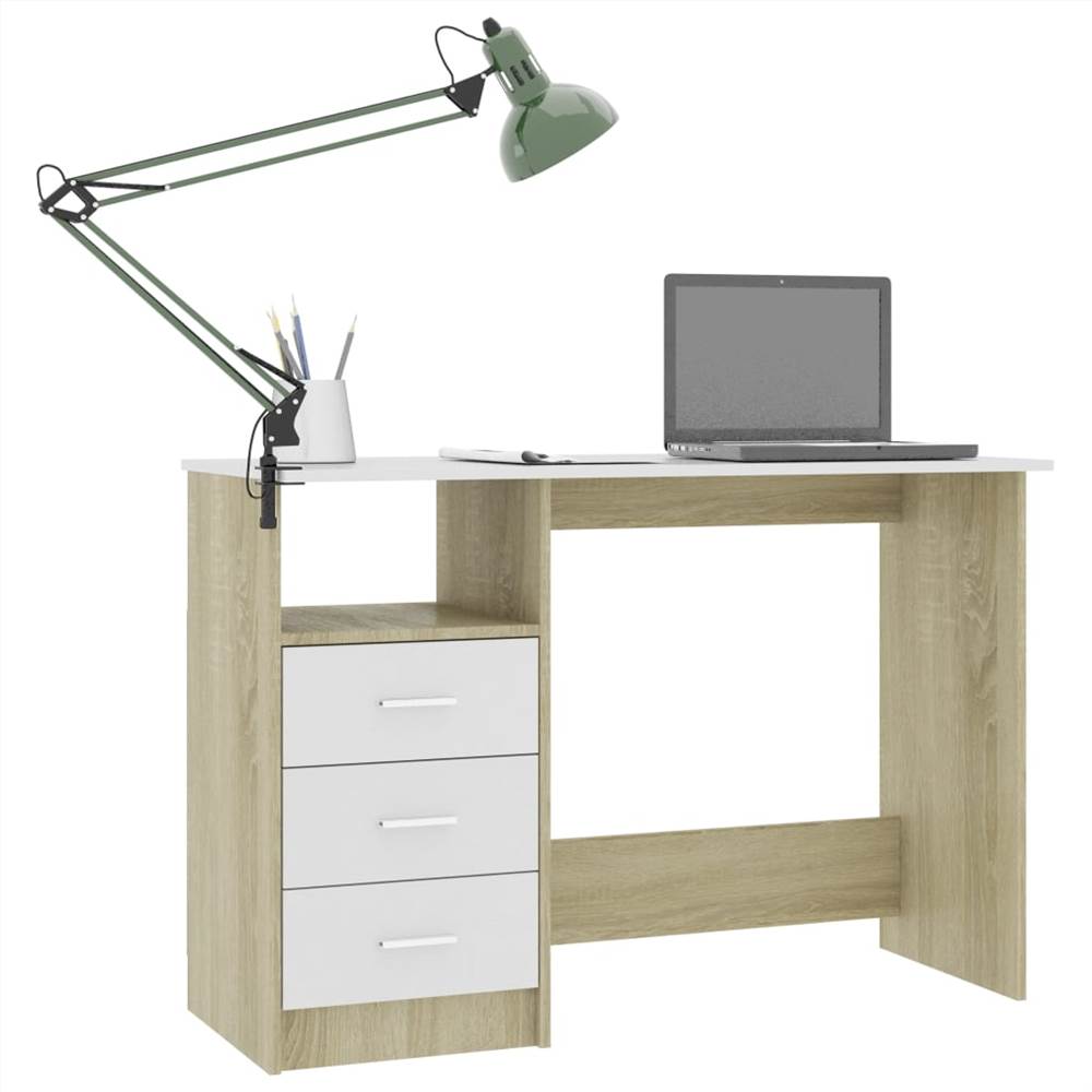 Desk with Drawers White and Sonoma Oak 110x50x76 cm Chipboard