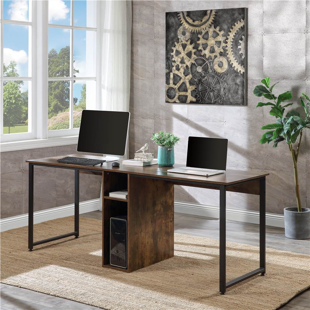Home Office 2-Person Desk, Large Double Workstation Desk, Writing Desk with Storage,Brown
