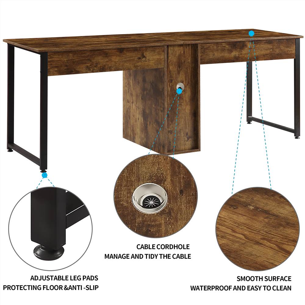 Home Office 2-Person Desk, Large Double Workstation Desk, Writing Desk with Storage,Brown