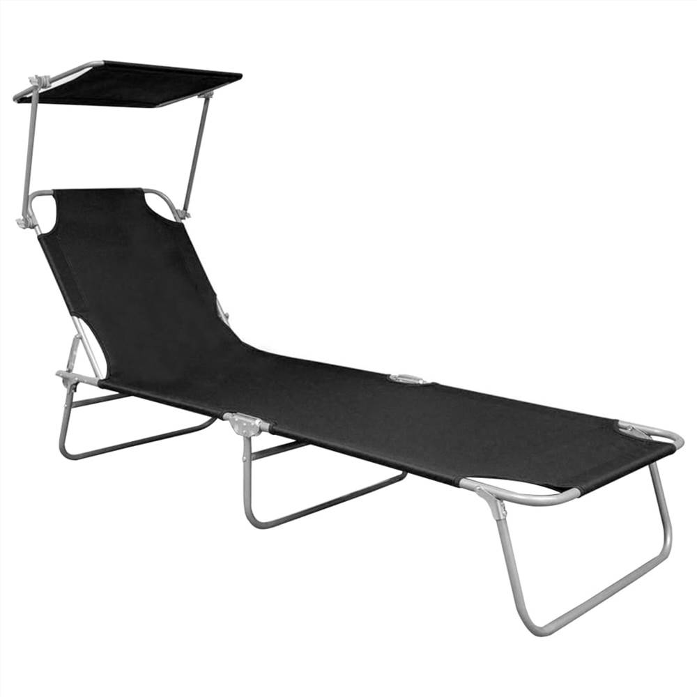 Folding Sun Lounger with Canopy Black Aluminium Europe
