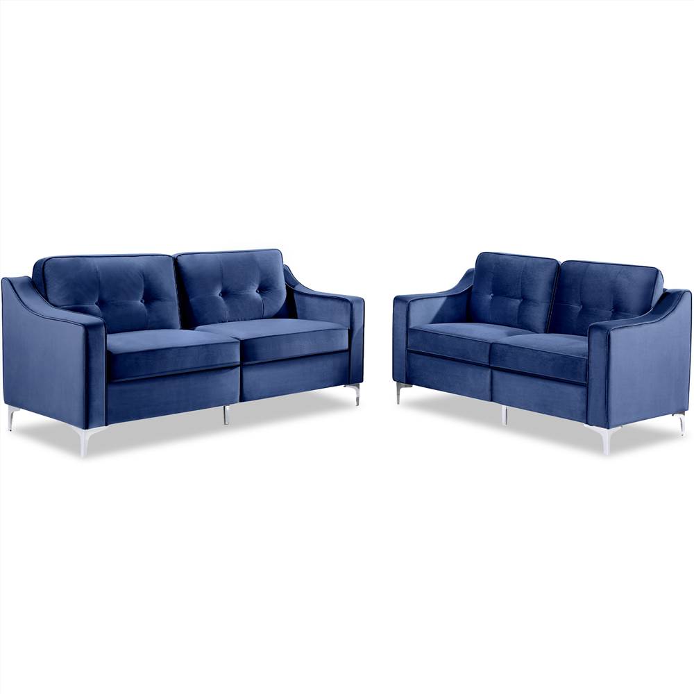 

57"+72" Velvet Upholstered Sofa Set Mid-century Modern Design with Armrests and Chrome-plated Metal Legs Suitable for Five People - Blue