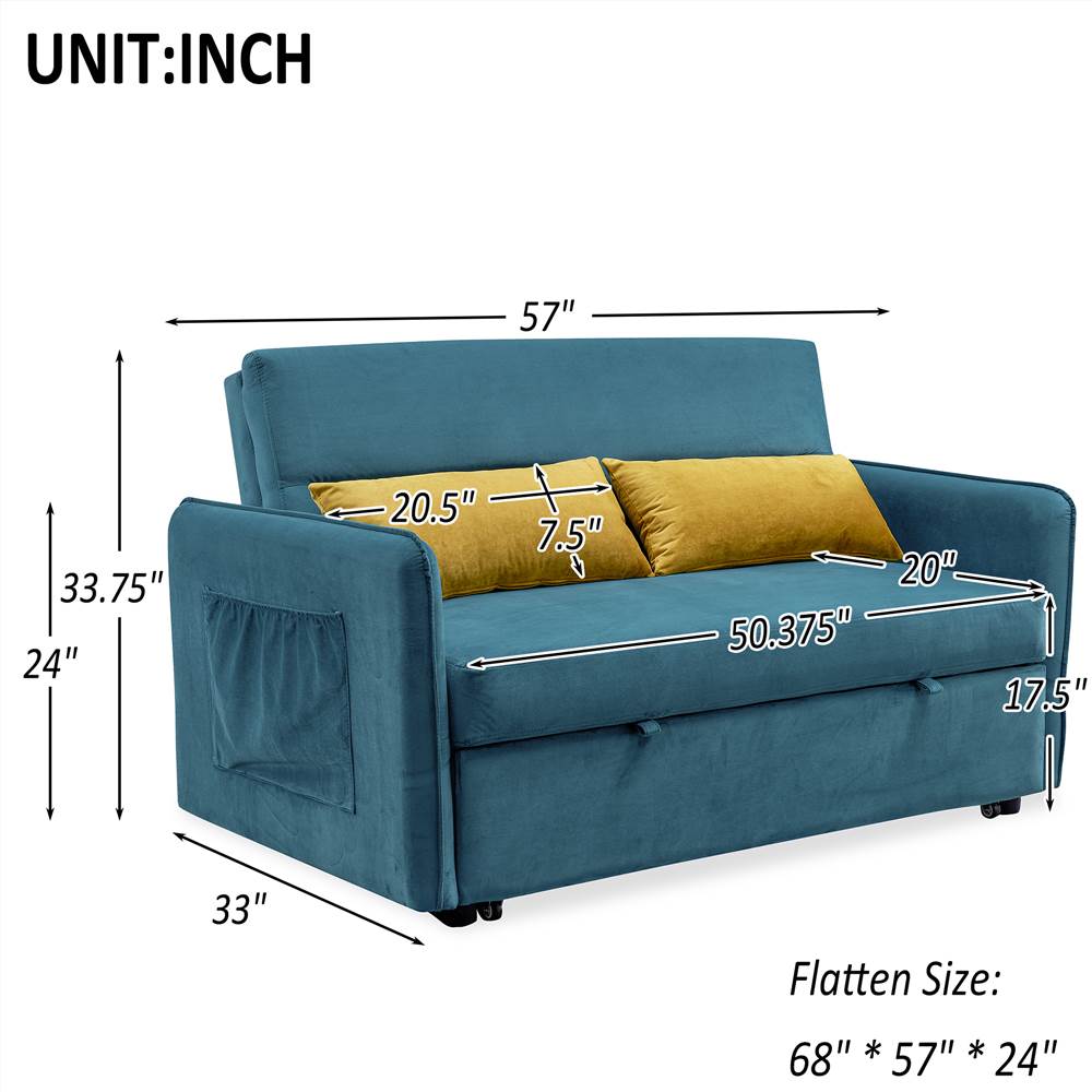 Compact Soft Velvet Sofa Bed pull-out sleeper (with 2 lumbar pillow)