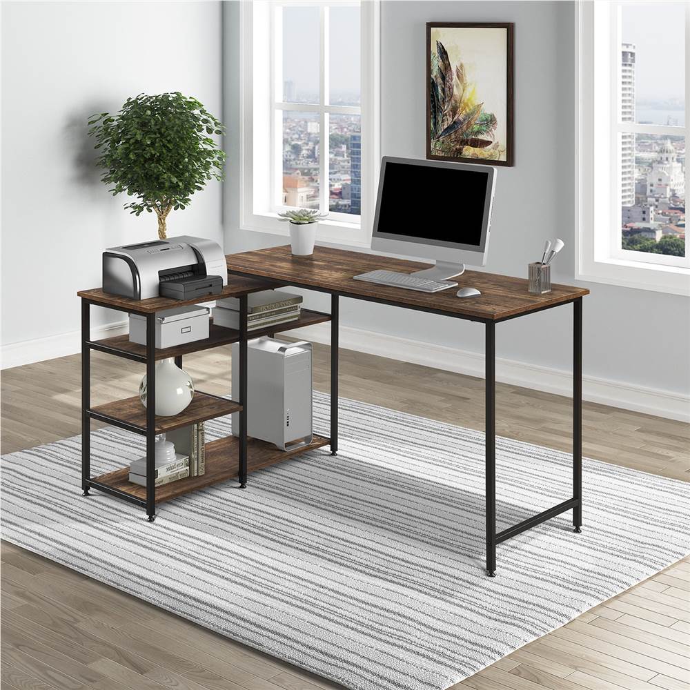 Home Office L-shaped Corner Computer Desk with Open Shelf Brown