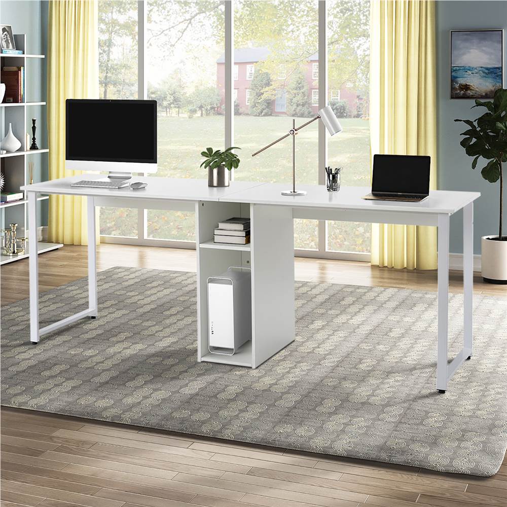 

Home Office Dual Person Computer Desk with Two-layer Shelf and Wire Management Grommet - White