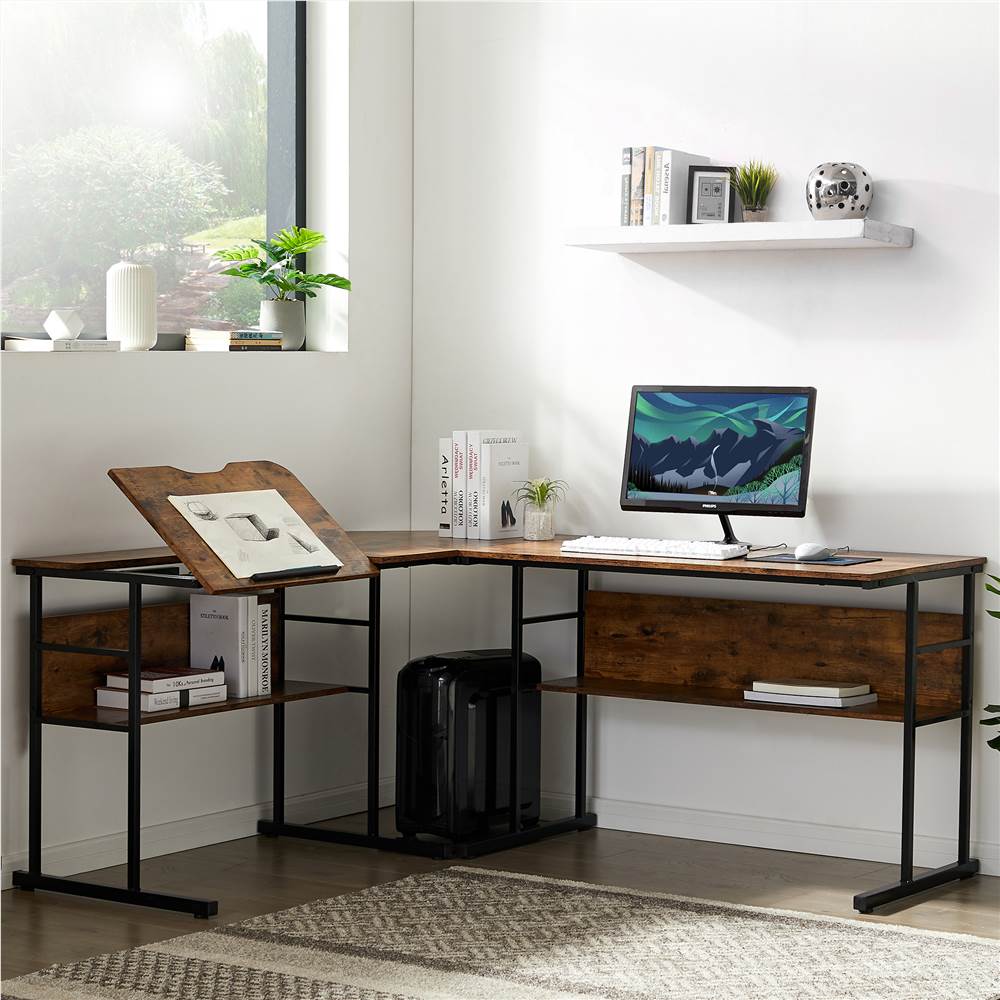 

Home Office L-shaped Computer Desk with Tiltable Painting Tabletop, Bottom Shelf, and CPU Bracket - Brown