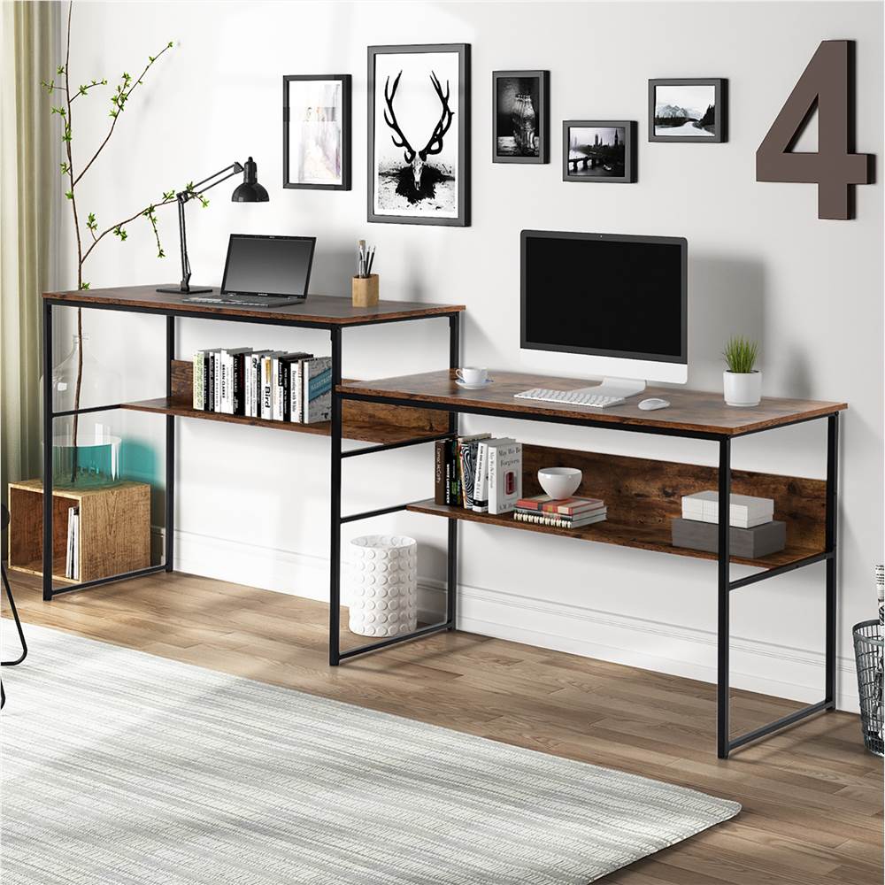Домашний офис для двух человек Компьютерный стол Различная высота рабочего стола, с открытой нижней полкой - коричневый