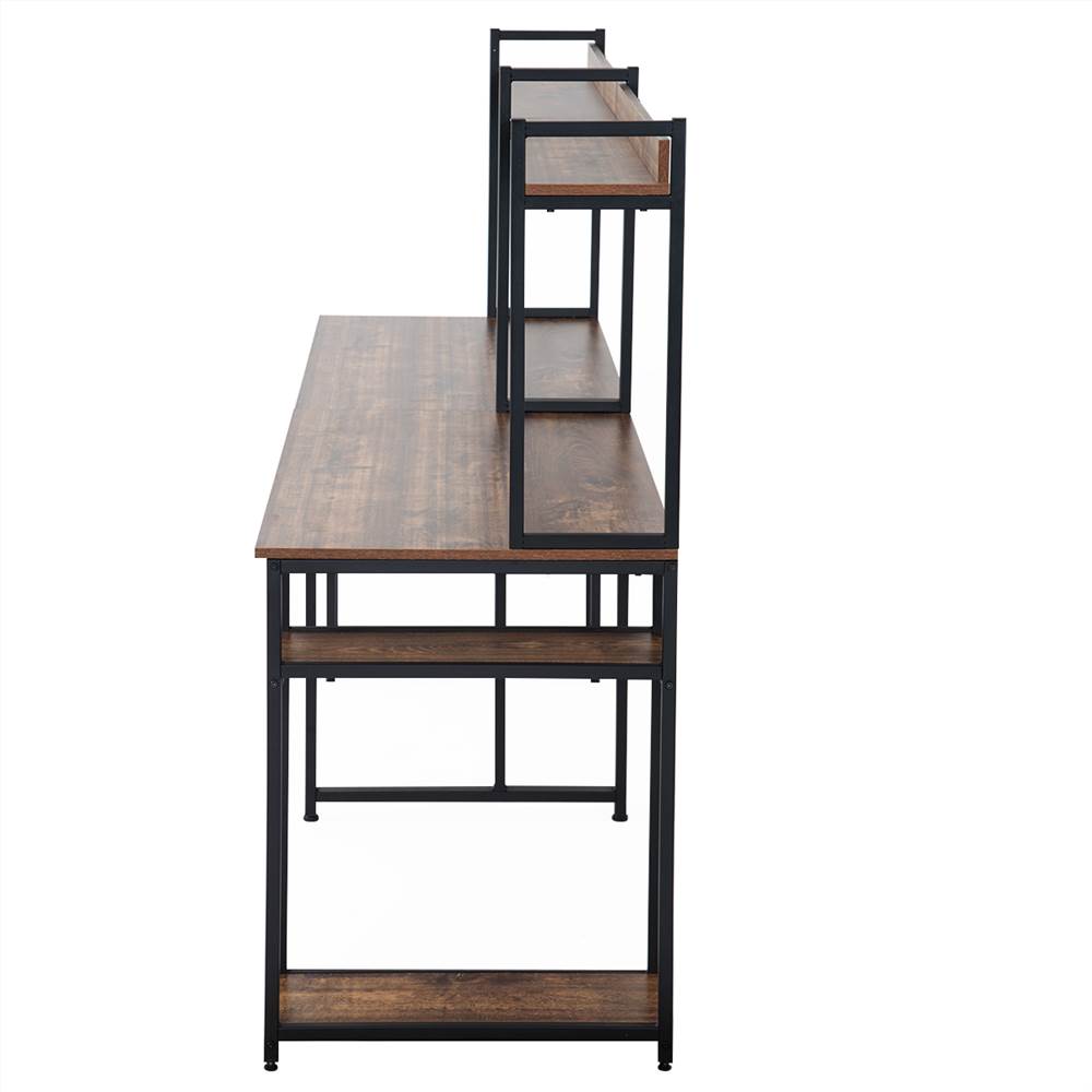 Home office Dual Person Computer Desk with Two-layer Shelf Wood
