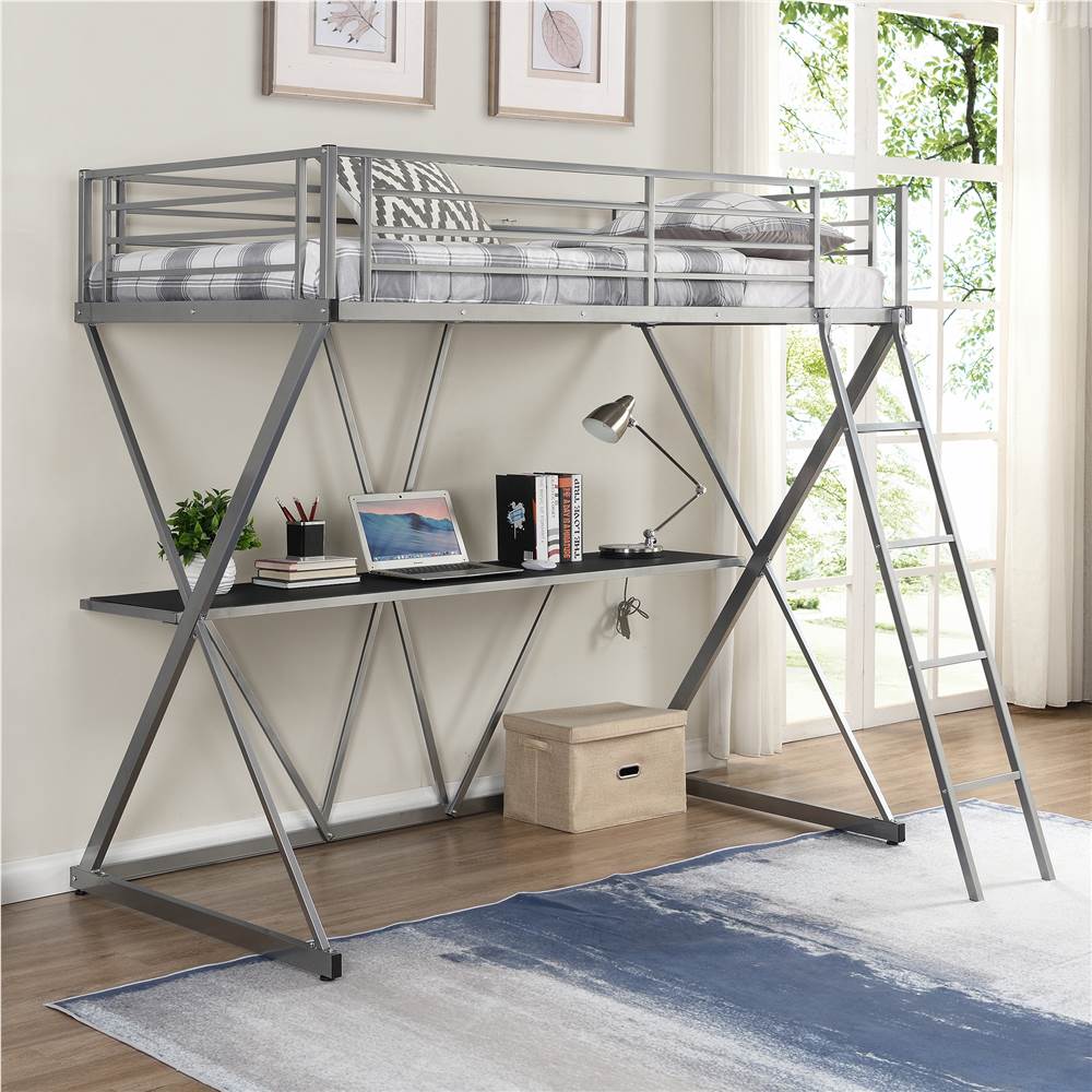 

Twin Size Steel Loft Bed X-shaped Frame with Desk, Ladder and Full-length Guardrail (Only Frame) - Silver