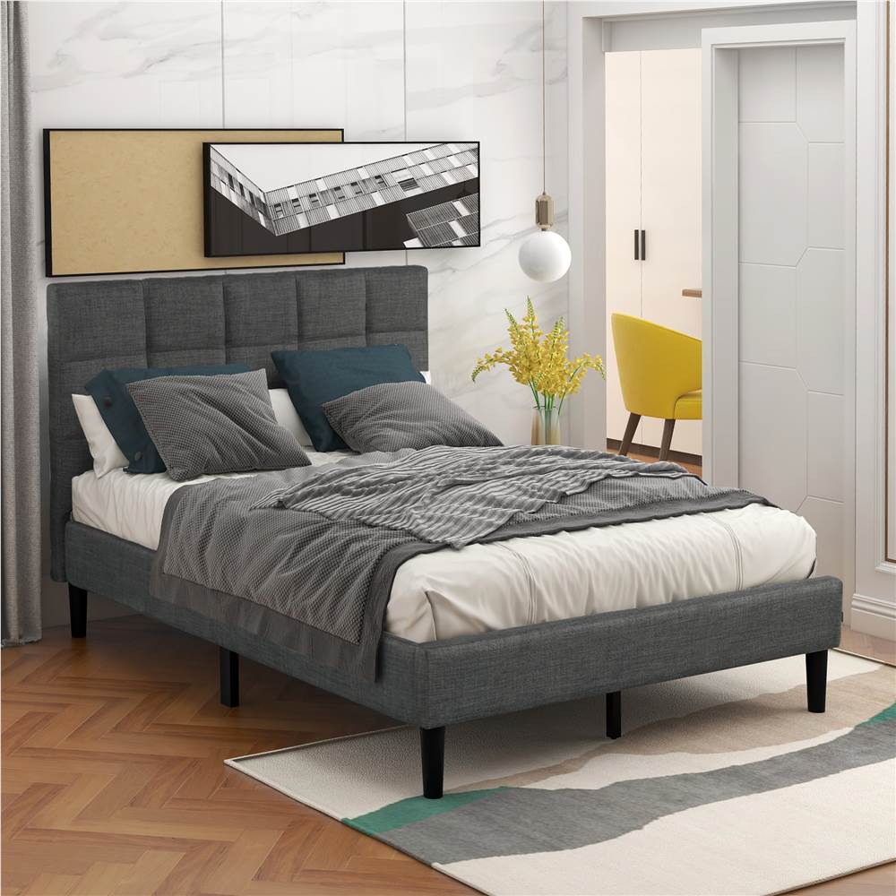 

Twin Size Upholstered Diamond Stitched Platform Bed Frame with Headboard and Wooden Slats Support - Gray