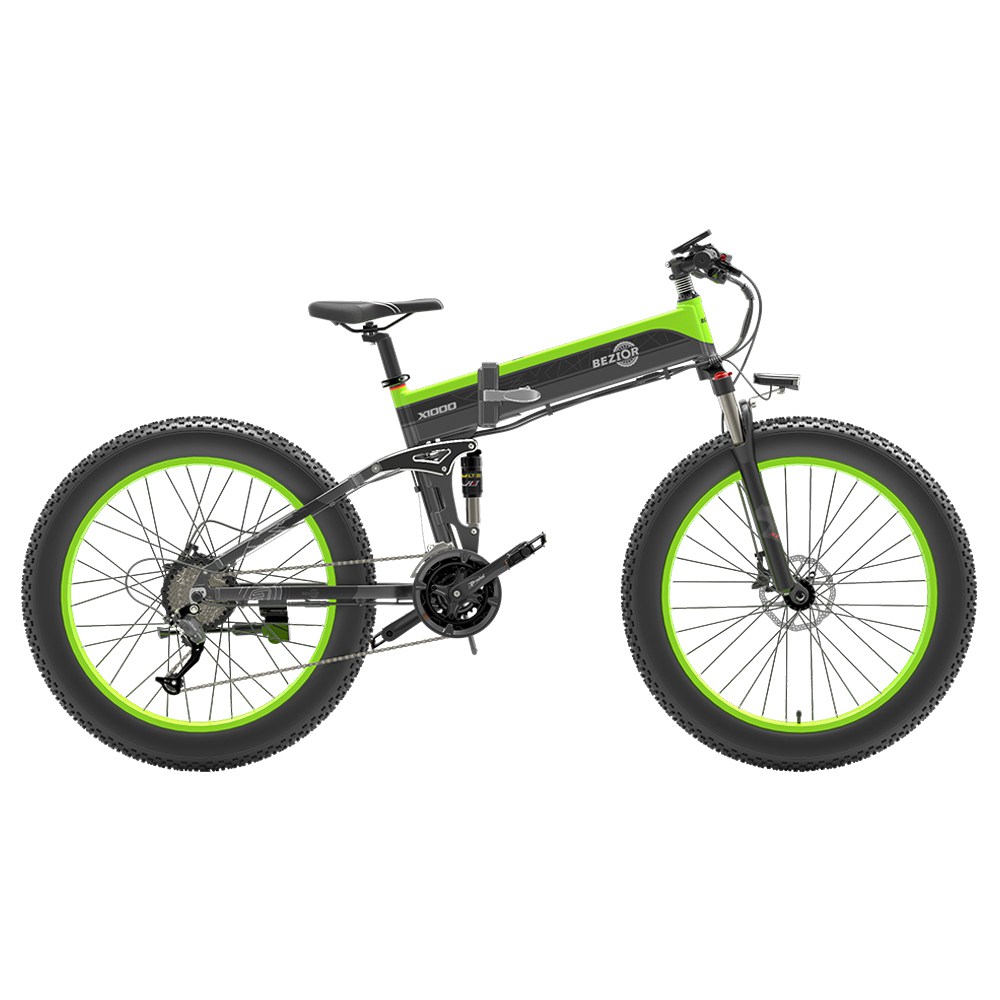 BEZIOR X1000 Folding Electric Bike Bicycle Panasonic 48V 12.8Ah Battery 1000W Motor 26 inch Fat Tire Aluminum Alloy Frame Shimano 27-speed Shift Max Speed 40km/h IP54 100KM Power-assisted mileage Range LCD Display IP54 waterproof - Black Green