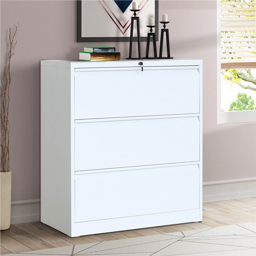 

Home Office Steel Lateral File Cabinet with 3 Drawers and Lock - White