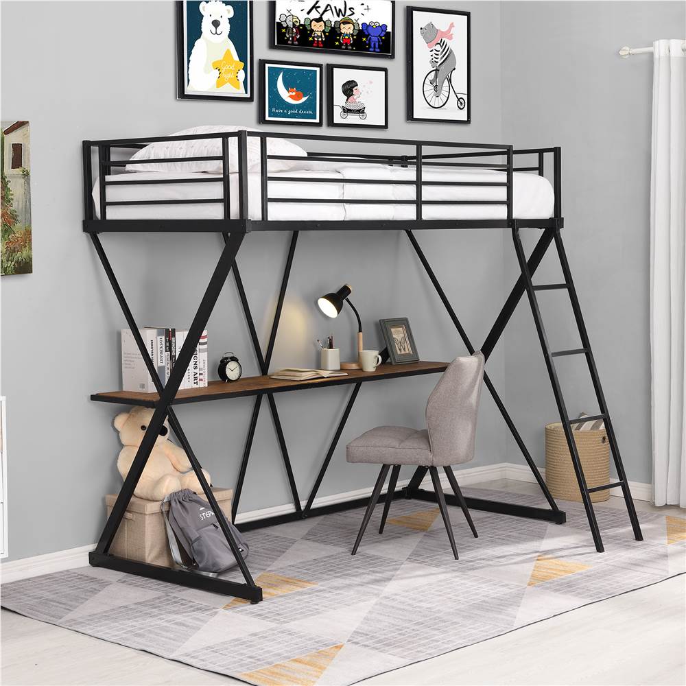 Twin Size Steel+MDF Loft Bed X-shaped Frame with Desk, Ladder and Full-length Guardrail (Only Frame) - Black