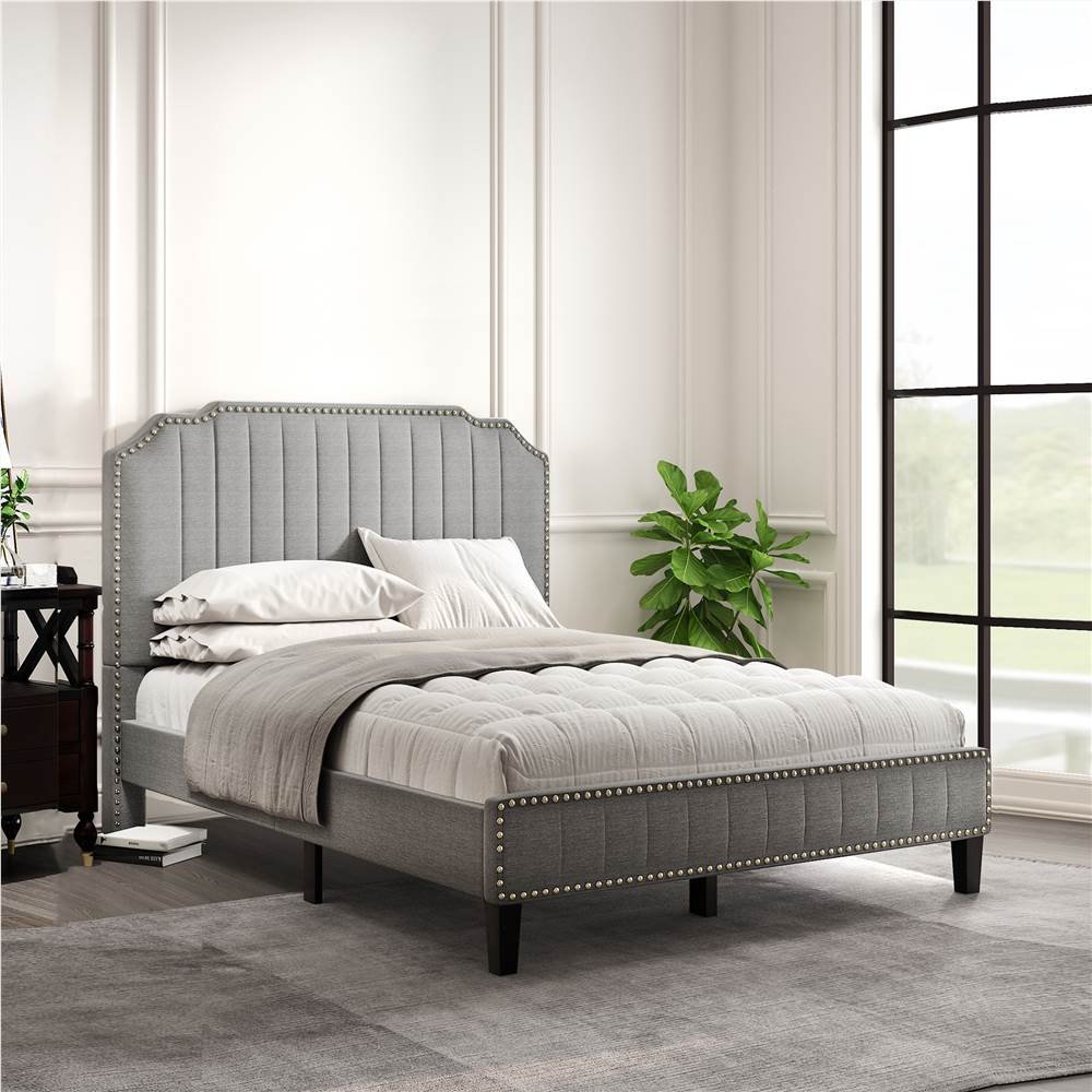 Full Size Solid Wooden Upholstered Bed Frame with Linen Headboard and Nailhead Trim - Gray