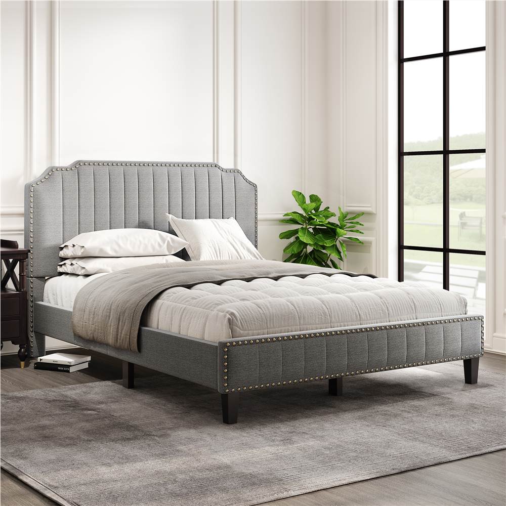 

Queen Size Solid Wooden Upholstered Bed Frame with Linen Headboard and Nailhead Trim - Gray