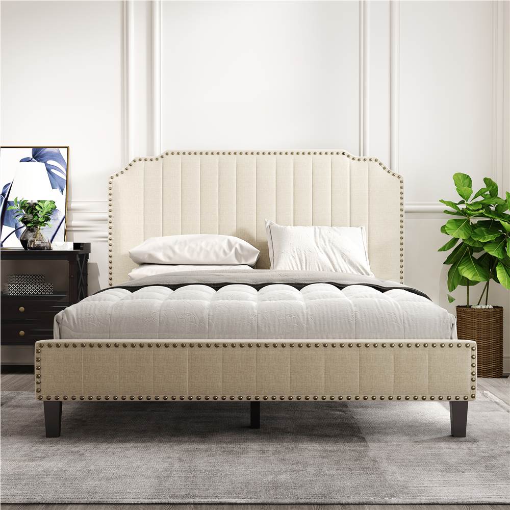 Queen Size Solid Wooden Upholstered Bed Frame Cream
