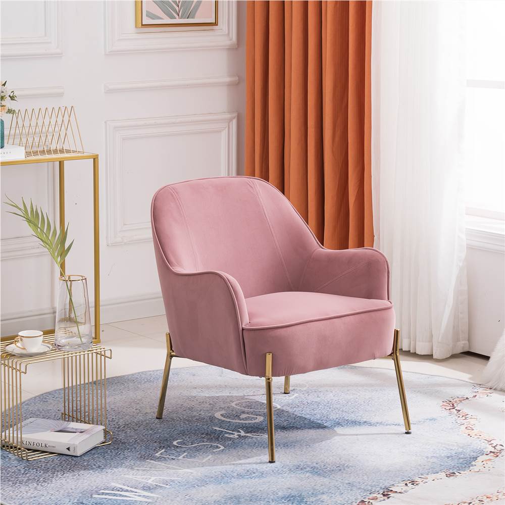 

Velvet Upholstered Armchair with Ergonomic Curved Backrest and Height-adjustable Metal Legs for Living Room, Dining Room, Bedroom, Office - Pink