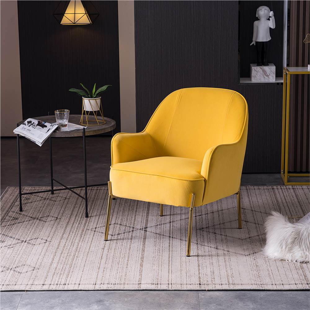 

Velvet Upholstered Armchair with Ergonomic Curved Backrest and Height-adjustable Metal Legs for Living Room, Dining Room, Bedroom, Office - Yellow
