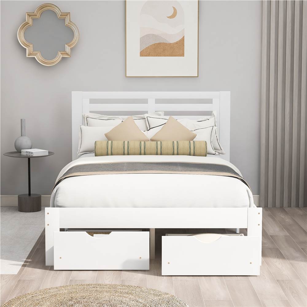 

Full Size Wooden Bed Frame with Storage Drawer - White