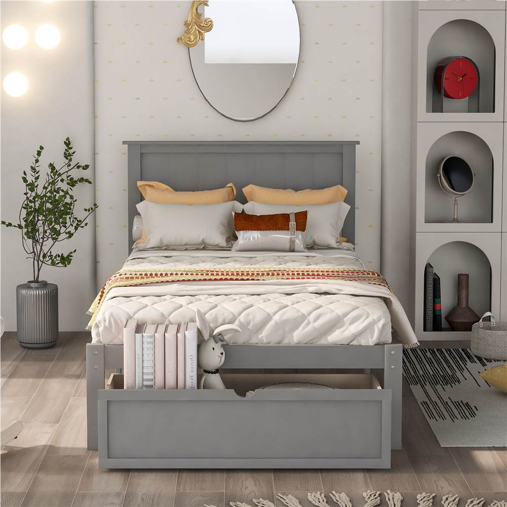 Wooden Bed Frame With Storage Drawer Gray, Twin Size Bed Frame With Storage Underneath