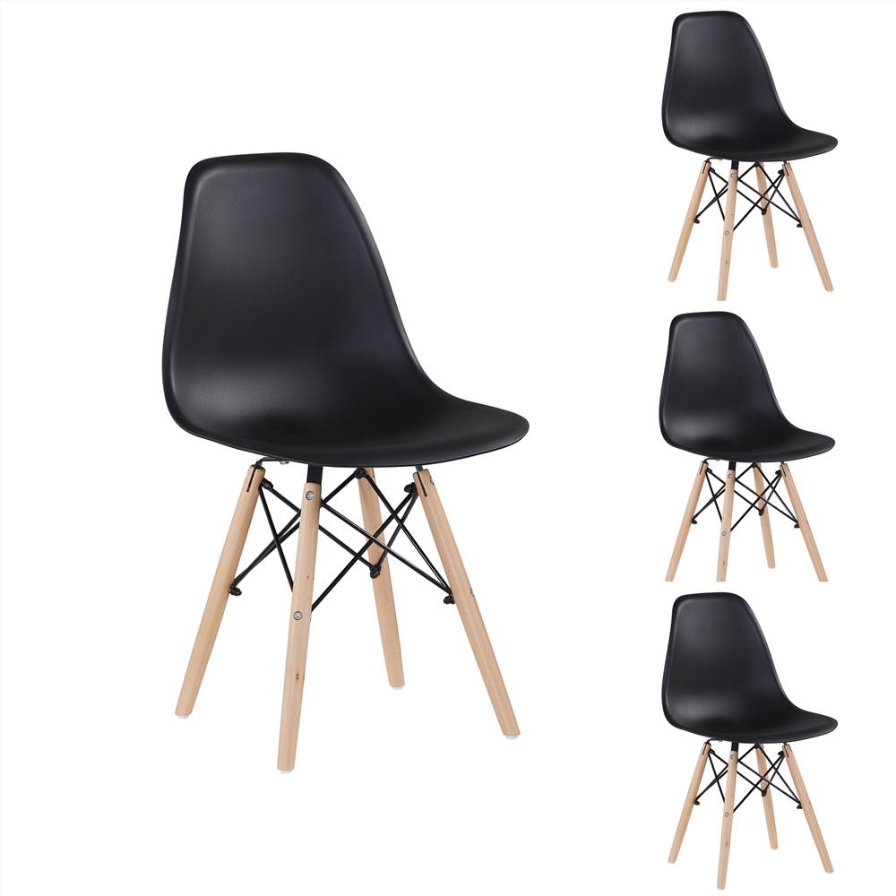 

Eco-friendly PP Material Thickened Plastic Chair Set of 4, with Curved Backrest and Wooden Legs for Dining Room, Reception Room - Black
