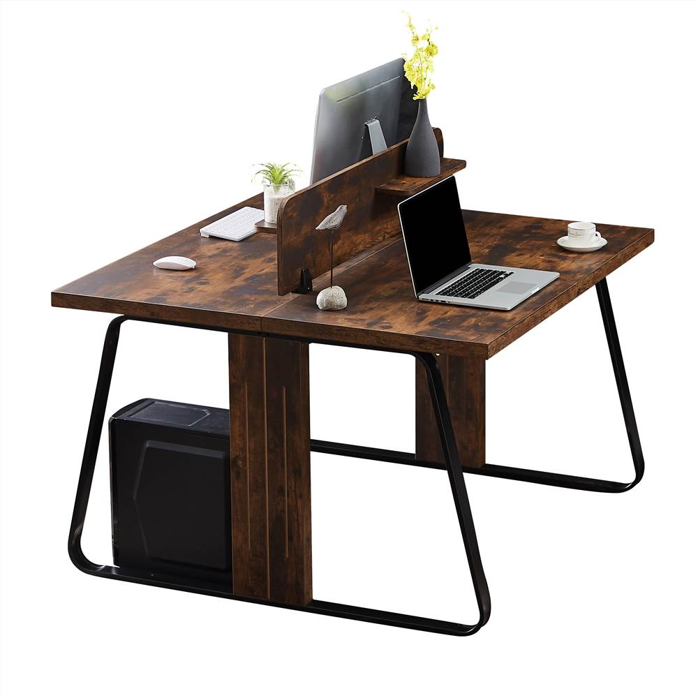 Home Office Dual Person Computer Desk Industrial Modern Design Steel Frame MDF Board - Tiger