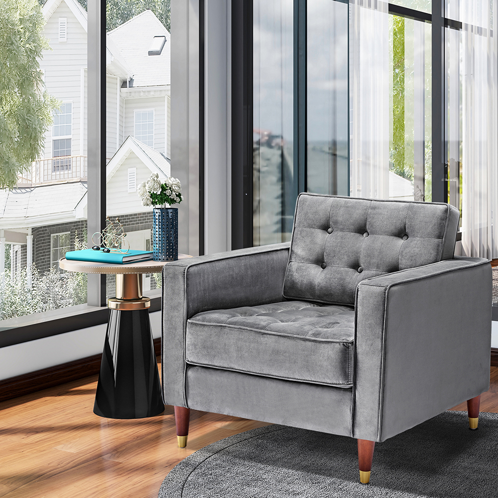 

33" Single Person Velvet Sofa Oak Wooden Legs, for Living Room, Apartment, Studio, Office - Gray