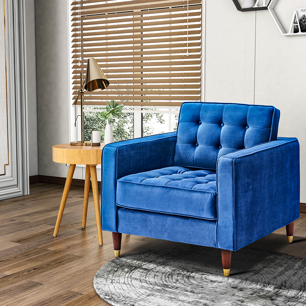 

33" Single Person Velvet Sofa Oak Wooden Legs, for Living Room, Apartment, Studio, Office - Blue