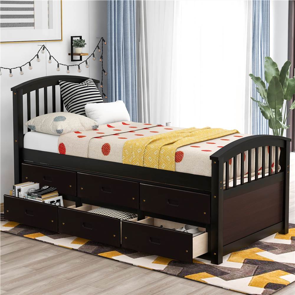 Orisfur Twin Size Wooden Bed Frame with 6 Storage Drawers - Espresso