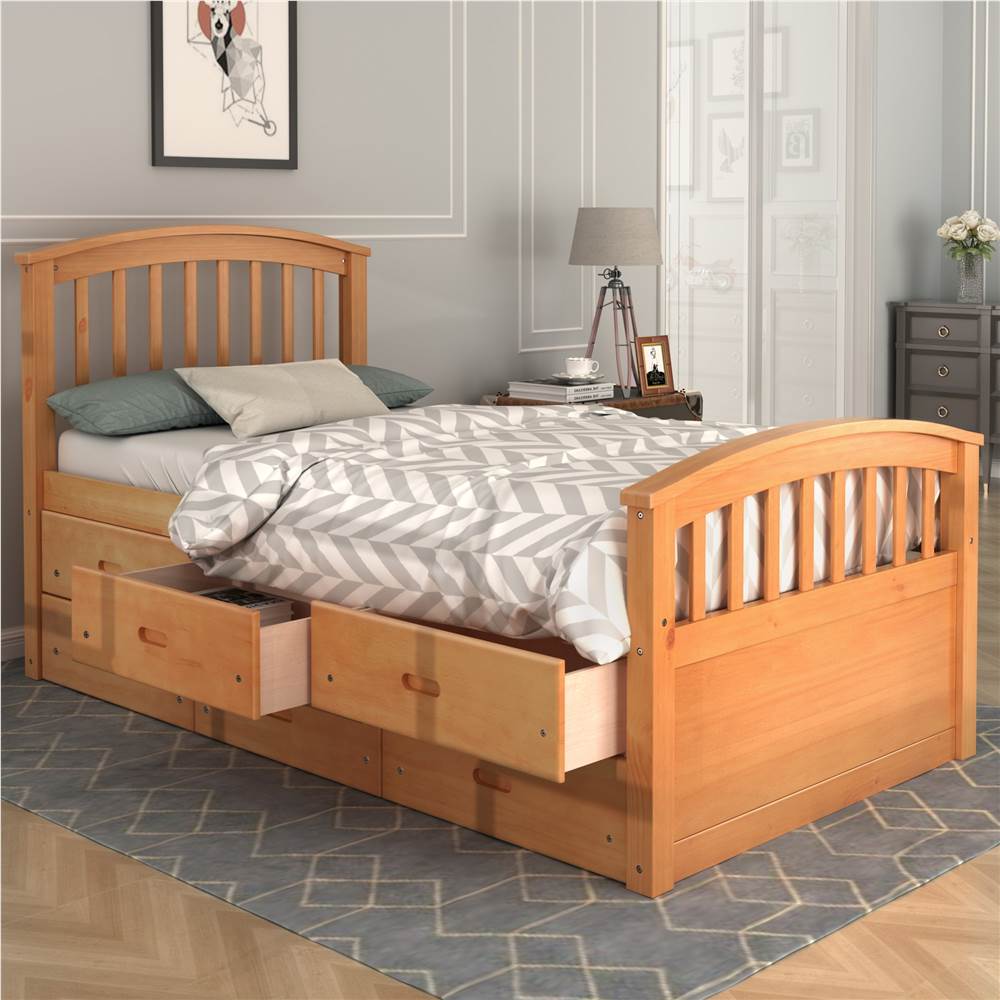 Orisfur Twin Size Wooden Bed Frame With, Pine Twin Beds With Storage Drawers