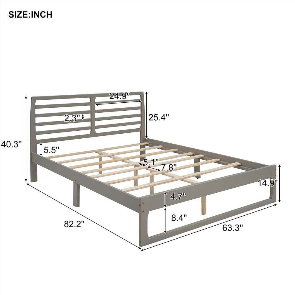 Queen Size Wooden Bed Frame Simple Modern Design Gray