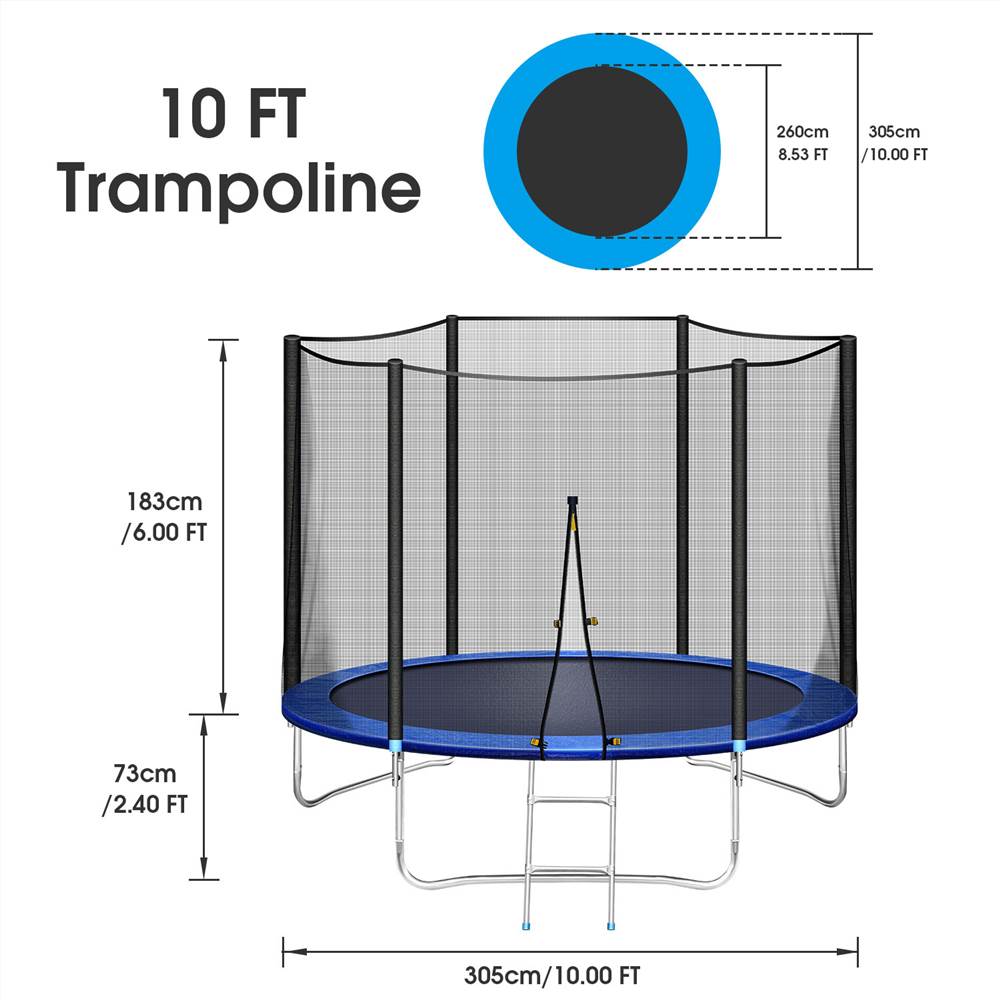 10FT Recreational Trampoline with Safe Enclosure Net, Waterproof Jumping Mat,Simple Ladder,Max Weight Capacity 661 LB for 3-4 Kids,Blue