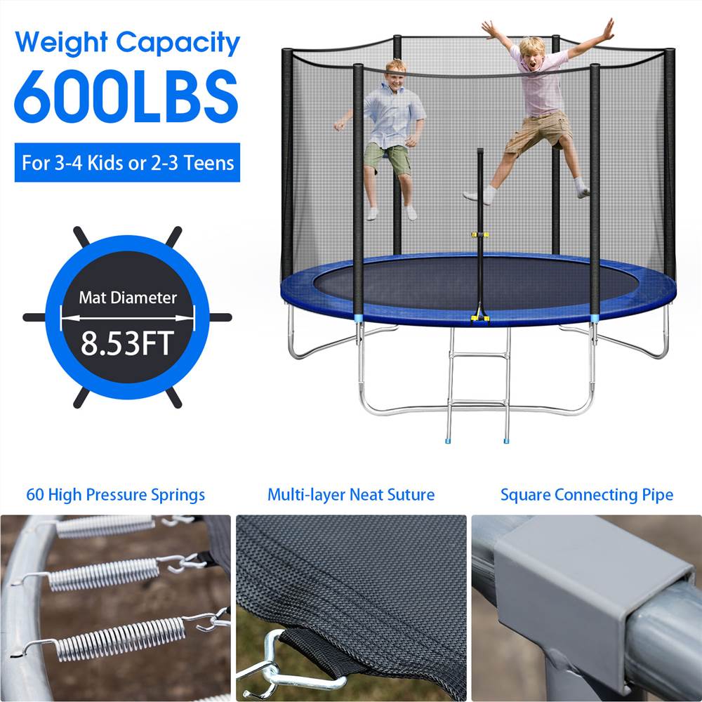 10FT Recreational Trampoline with Safe Enclosure Net, Waterproof Jumping Mat,Simple Ladder,Max Weight Capacity 661 LB for 3-4 Kids,Blue