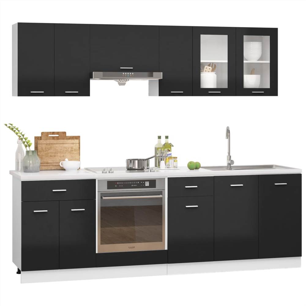 8 Piece Kitchen Cabinet Set High Gloss Black Chipboard