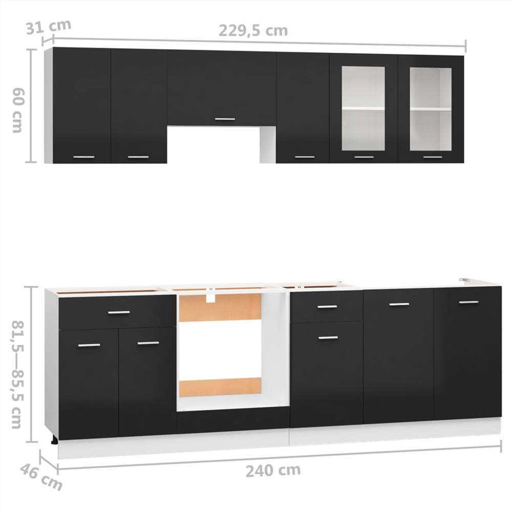 8 Piece Kitchen Cabinet Set High Gloss Black Chipboard