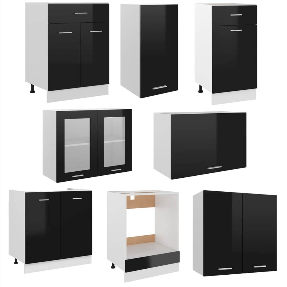 8 Piece Kitchen Cabinet Set High Gloss Black Chipboard