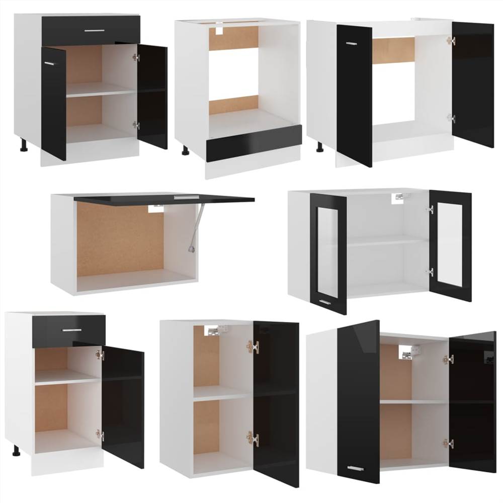 8 Piece Kitchen Cabinet Set High Gloss Black Chipboard