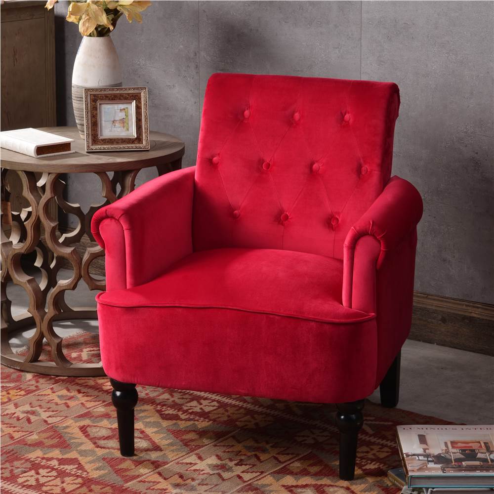 

1-seat Velvet Button Tufted Sofa with Roll Arms and Wooden Legs for Living Room, Bedroom, Office, Hotel, Bar - Red