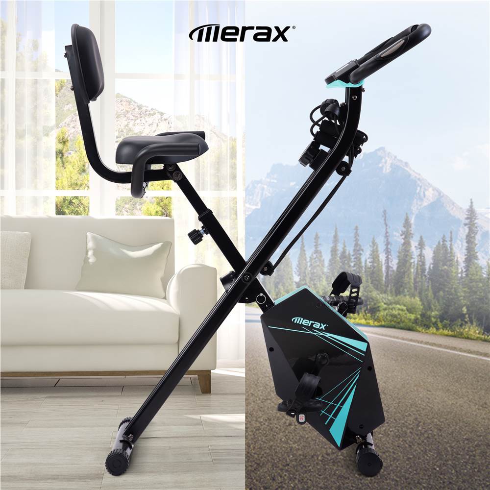 

Foldable Bike with LCD Screen Adjustable Height and Arm Resistance Bands for Indoor Training Blue Black