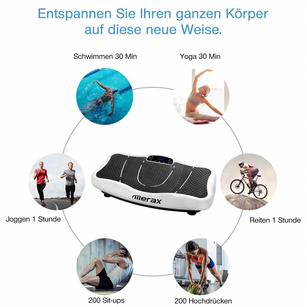 Vibrationsplatte Vibrationstrainer Profi, 2D Wipp Vibration + Bluetooth inkl. Lautsprecher, Extra gro&szlig;e Fl&auml;che & Kraftvoller Motor & Trainingsb&auml;nder & Fernbedienung im Fitnessger&auml;t (Wei&szlig;)