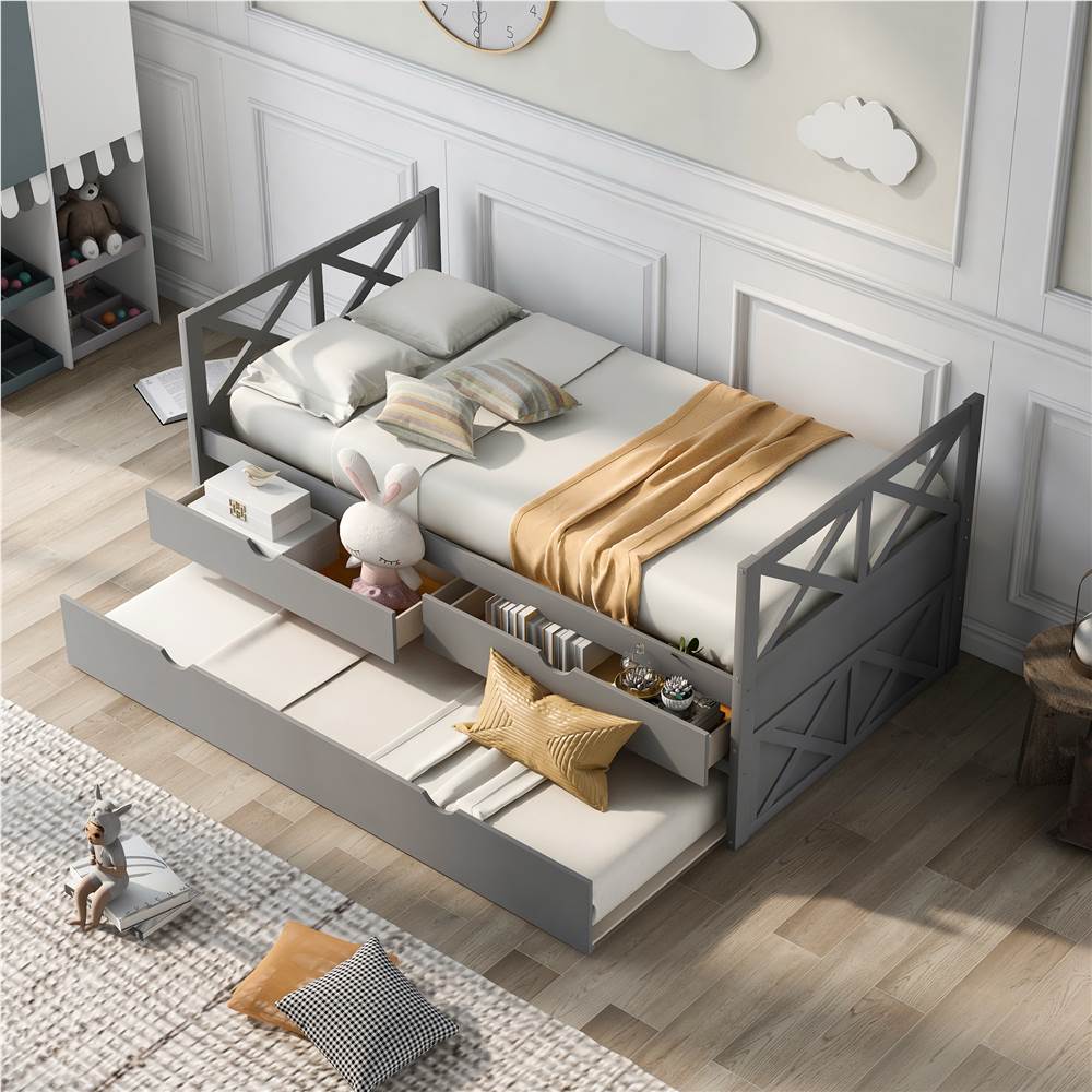 

Twin Size Wooden Daybed Frame with Storage Drawers and Trundle Bed Suitable for Family with Multiple Children - Gray