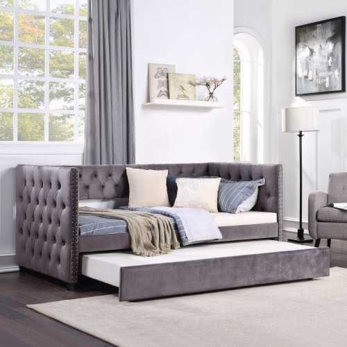 

TOPMAX Twin Size Upholstered Tufted Daybed Wooden Frame with Trundle Bed and Armrests - Gray