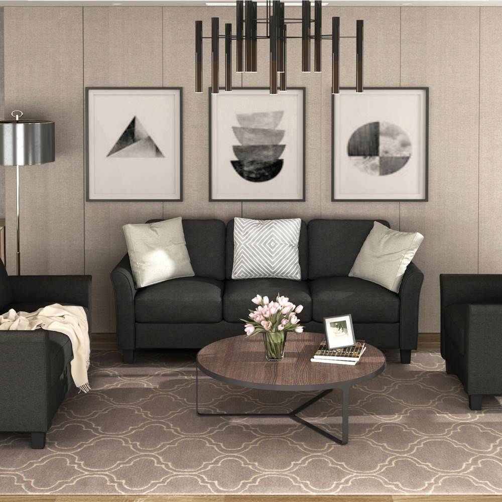 3+2+1-seat Linen Upholstered Sofa Set, for Living Room, Bedroom, Office, Apartment - Black