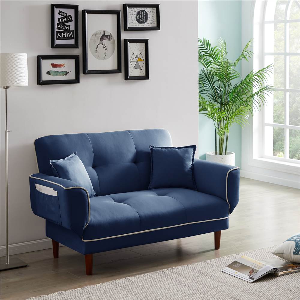 

Twin Size Linen Upholstered Sofa Bed with 2 Pillows and Adjustable Armrests for Living Room, Bedroom, Office, Apartment - Navy Blue