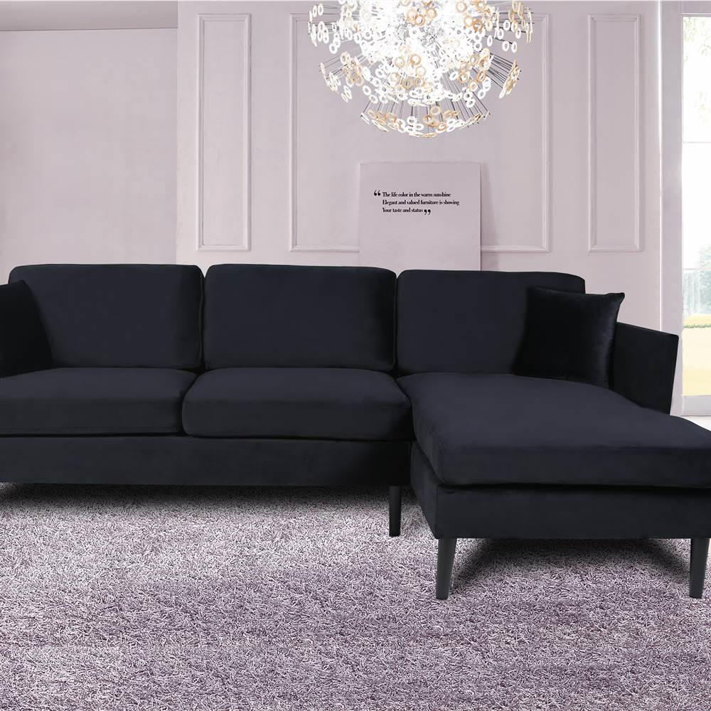 

2-seat Velvet Upholstered Sofa Combination, with Chaise and Solid Wood Feet, for Living Room, Bedroom, Office, Apartment - Black